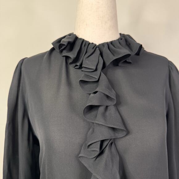 NWT Nili Lotan Black Silk Cecily Ruffle Front Blouse Top XS Button Romantic - Picture 2 of 11
